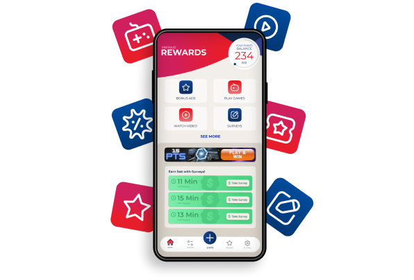 Phone showing the home page of the prepaid rewards app